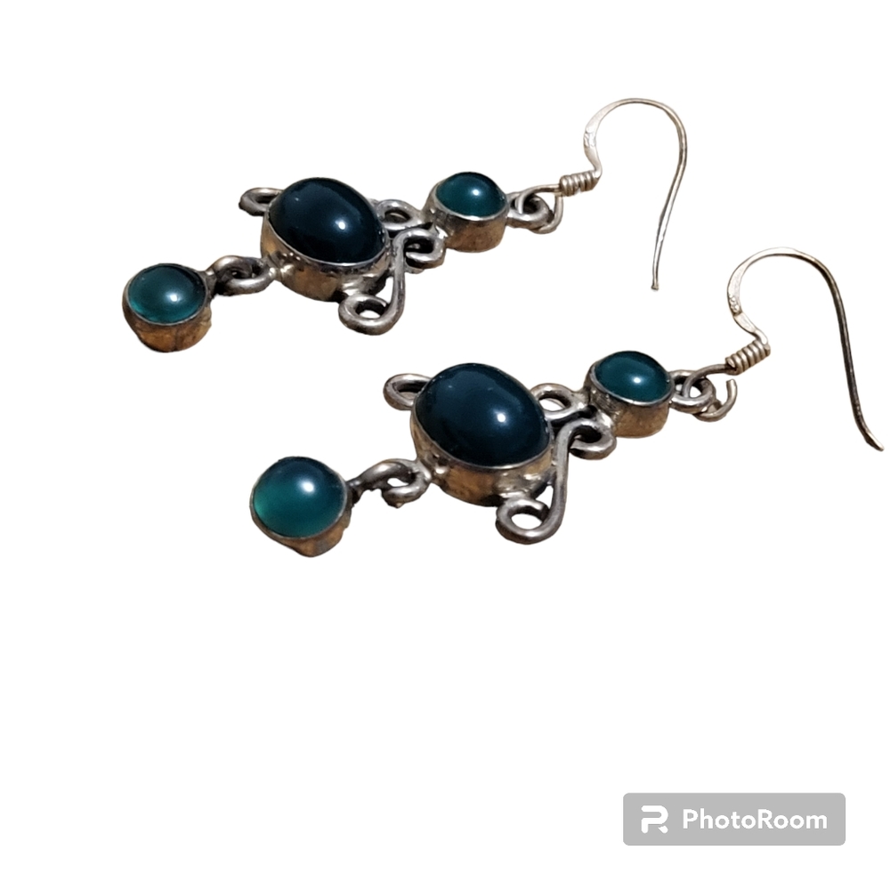 Vintage silver plated dark green aventurine stone dangle earrings - Picture 4 of 5